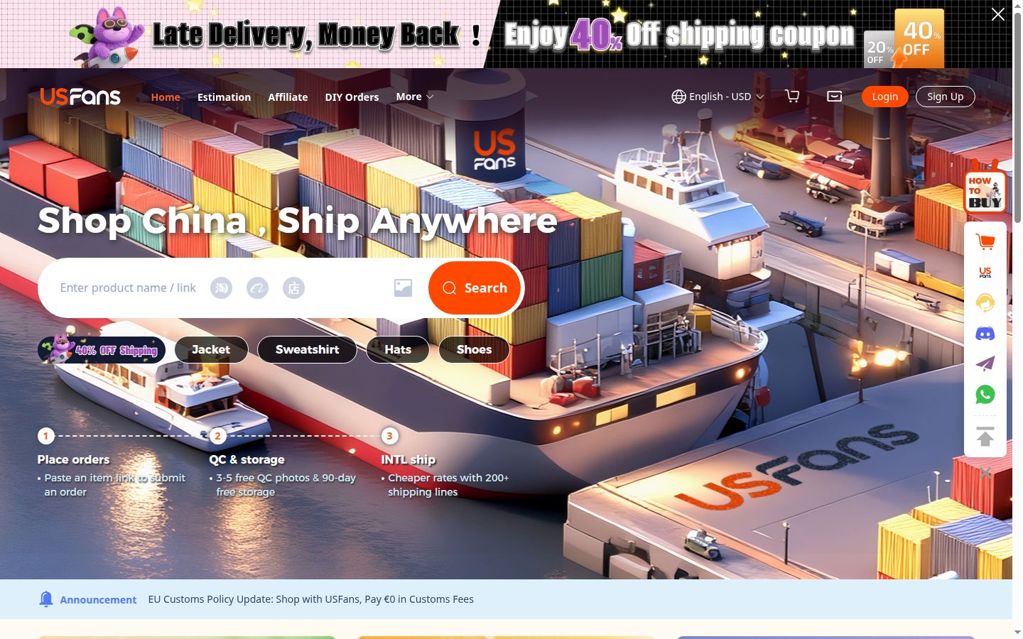 Officiële USFans-homepage: oranje wordmark, plakbalk en drie stappen Place Orders, Submit Parcels, Sign Delivery